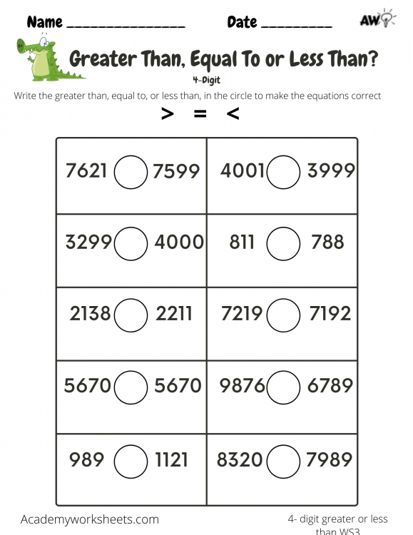 comparing numbers with 4 digits worksheets