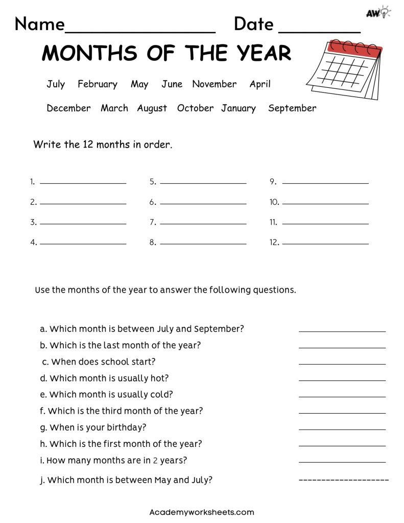 Months of the year printable pdf