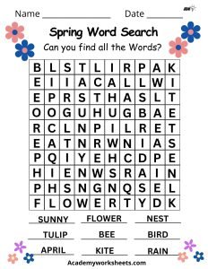 spring word search for children. find the words that relate to spring